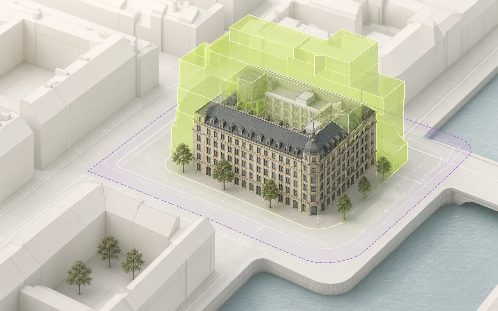 Eksisterende københavnsk ejendom med visualiseret indikativt arealpotentiale