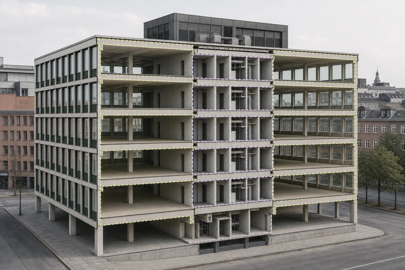 Snit gennem en ældre kontorbygning med søjlegitter, facade, bygningsdybde og installationer.