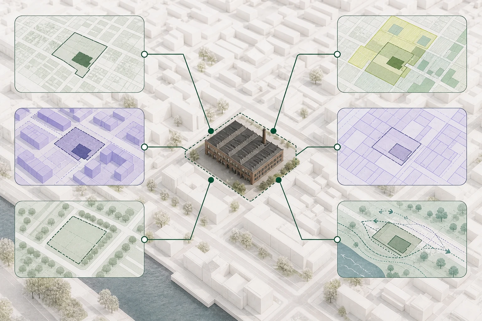 Ejendom koblet til byomdannelsesudpegning, rækkefølge, lokalplan, overlap, bygninger og miljø.