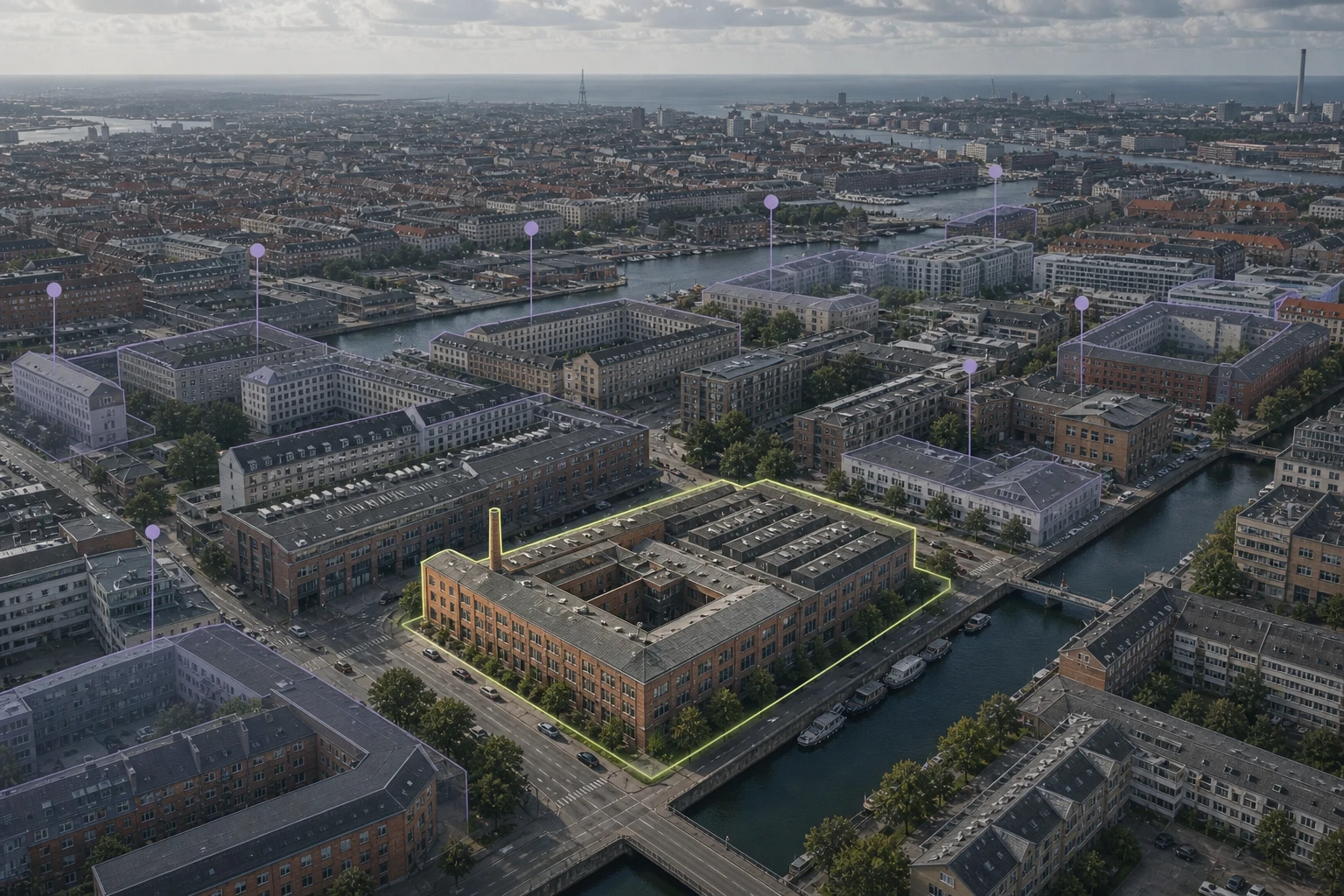 Københavnsk ejendomsunivers med én erhvervsejendom fremhævet som tidlig konverteringskandidat.