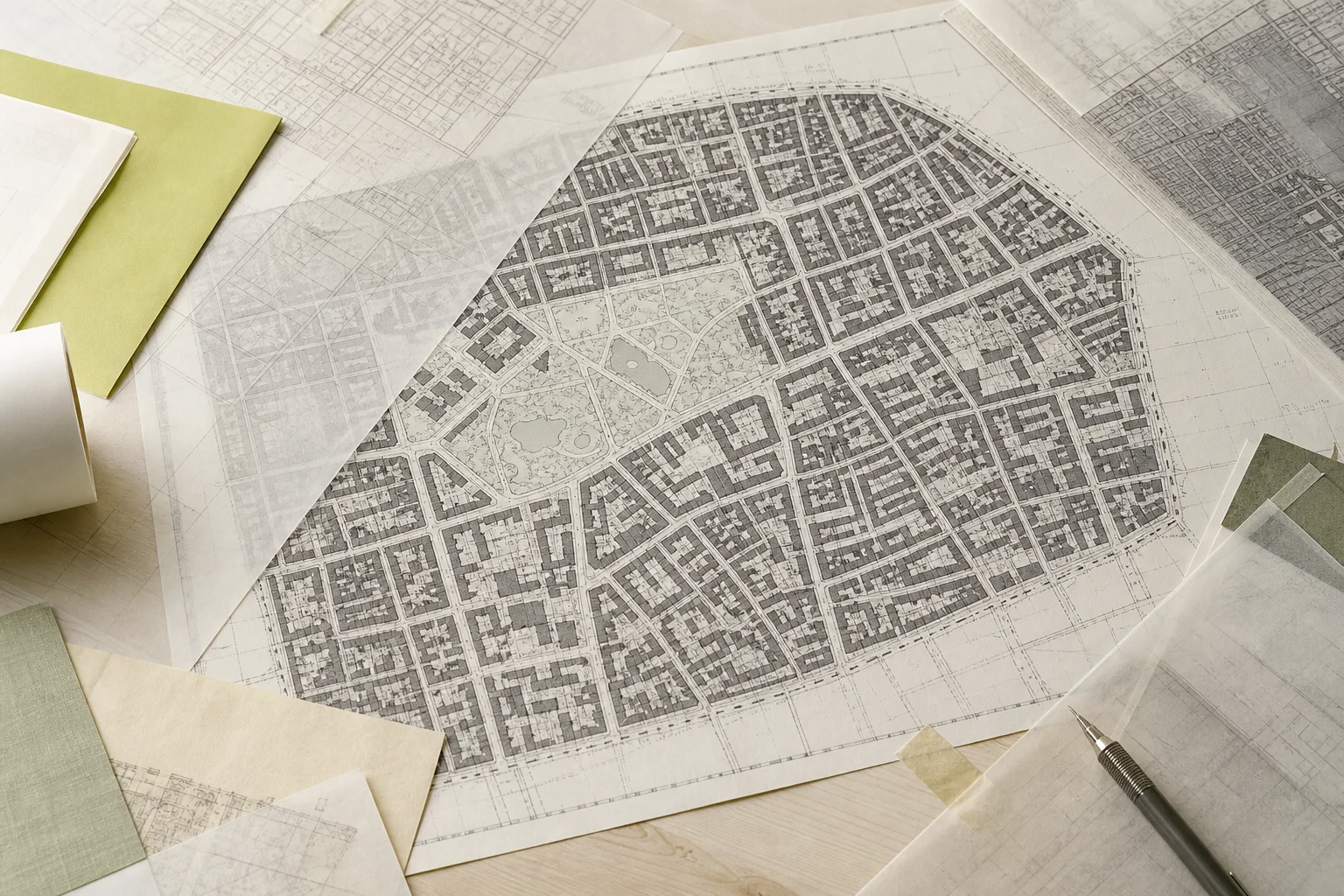 Komplet fiktivt kommunalt planatlas med tætte bykarréer og overlappende analyselag.