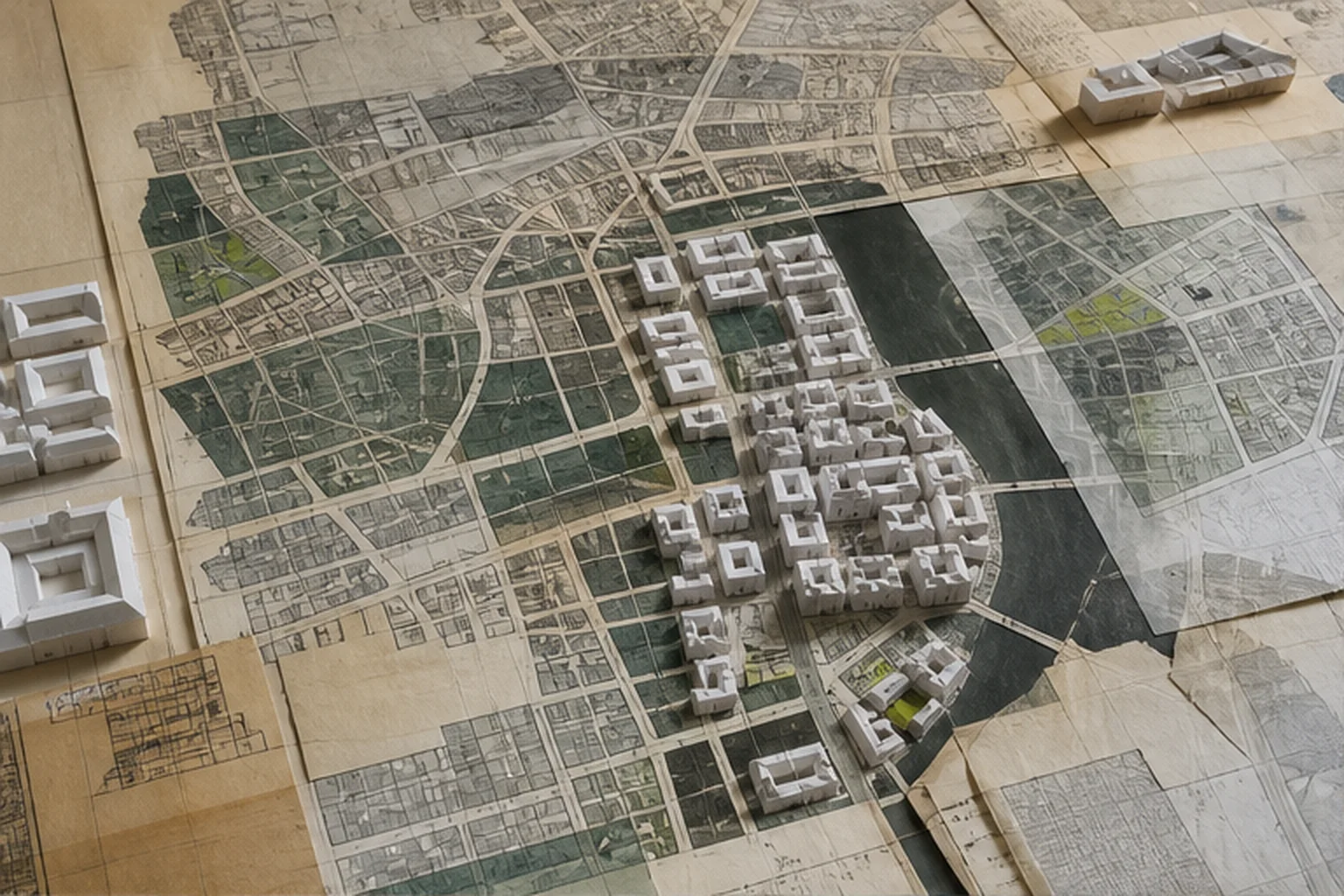 Fiktivt tæt bycentrum vist som analogt områdeatlas med planlag og bygningsmodeller.