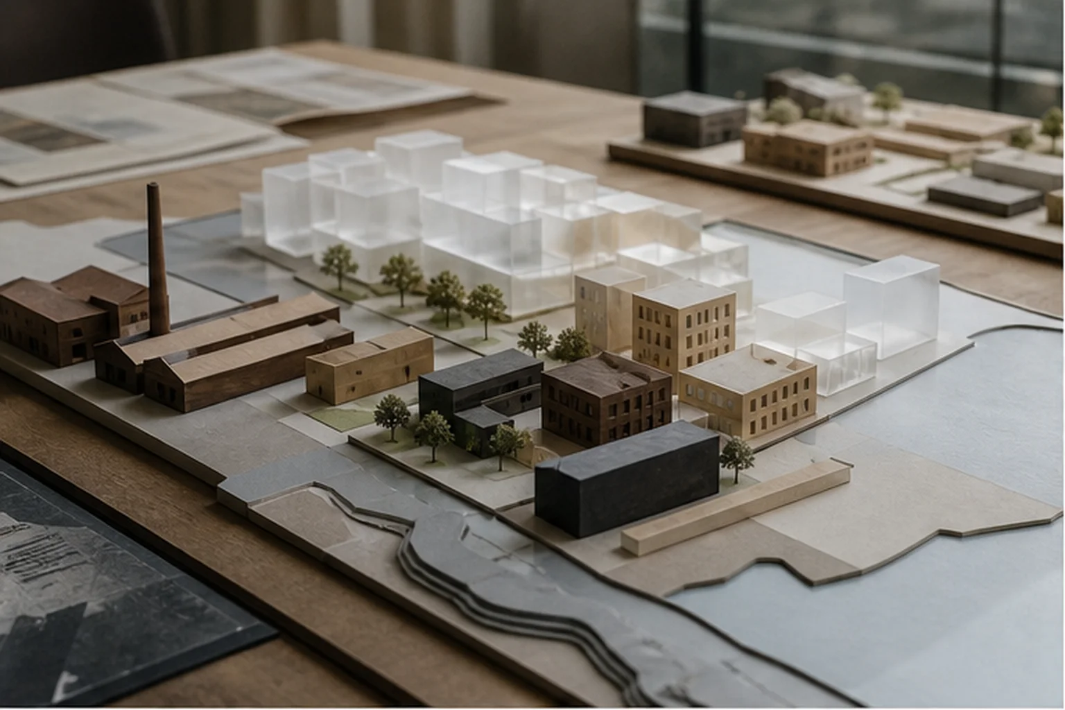Lille fiktivt havneområde med nyere blokke, industrielle spor og adskilte planfaser.
