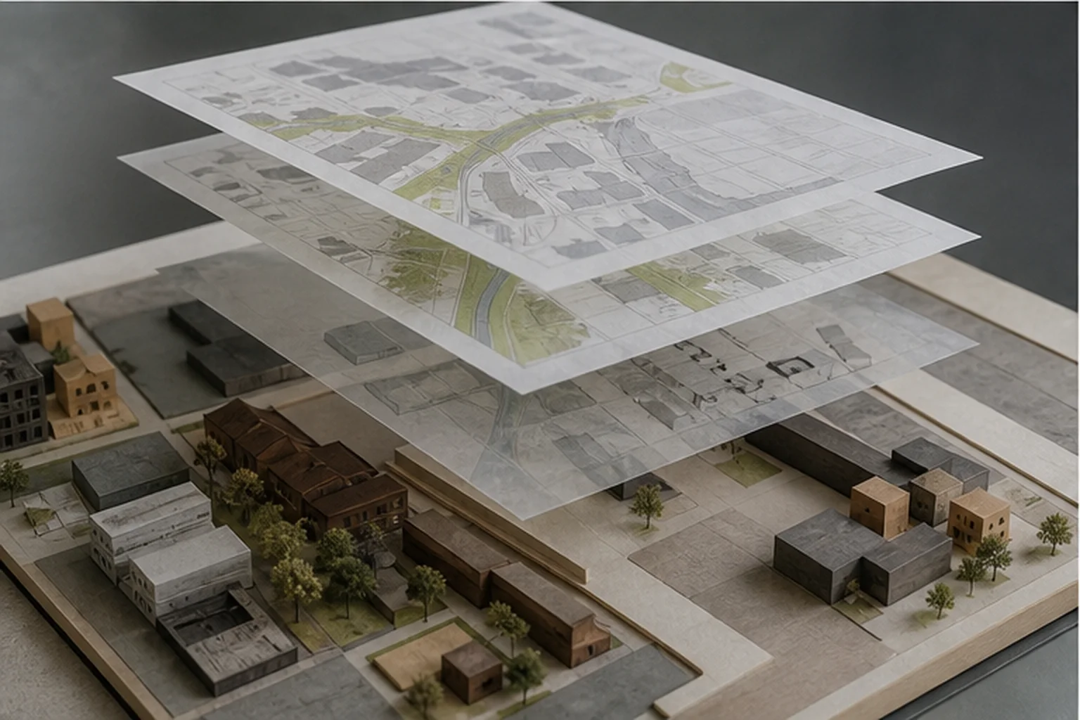 Nyere fiktiv kontormodel med grid, facade, kerne og installationer ved siden af en ældre model.
