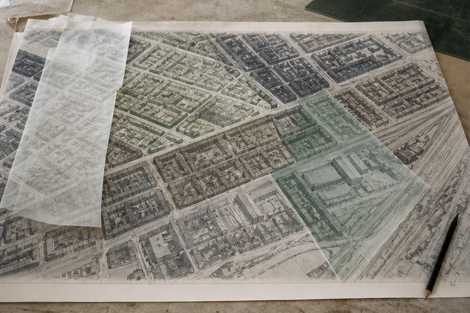 Fiktivt tæt områdeatlas med karréer, sporareal og adskilte sammenligningszoner.