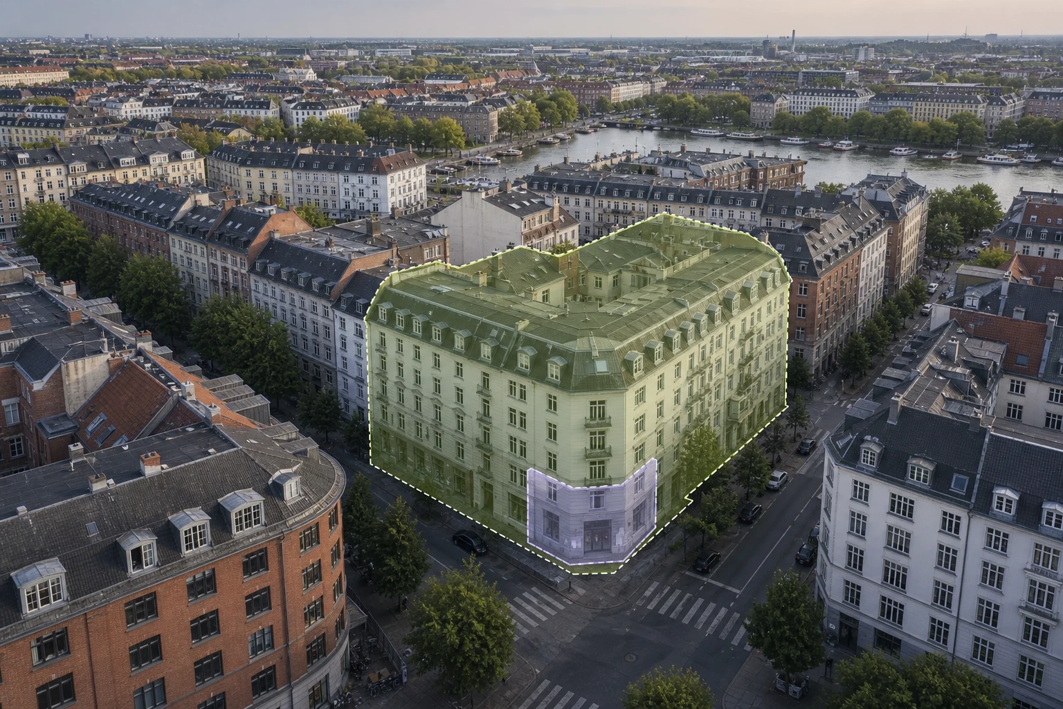 Københavnsk erhvervslokale vist som en mindre del af en samlet bygning og ejendom.