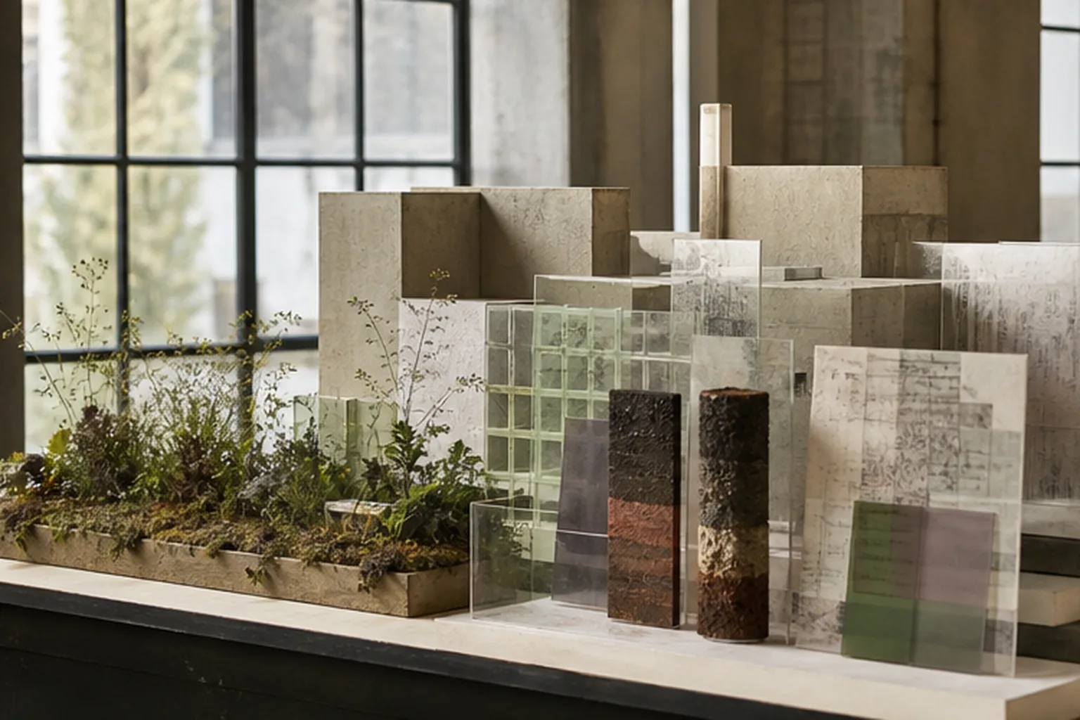 Fiktivt brownfield-studie med industrivolumener, jordprøver, beplantning og analyseflader.