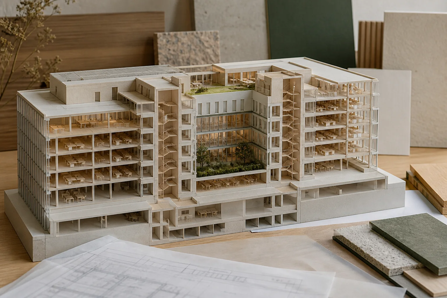 Fiktivt kontoretage-studie med dagslysmodeller, facadefag, kerner og installationsveje.