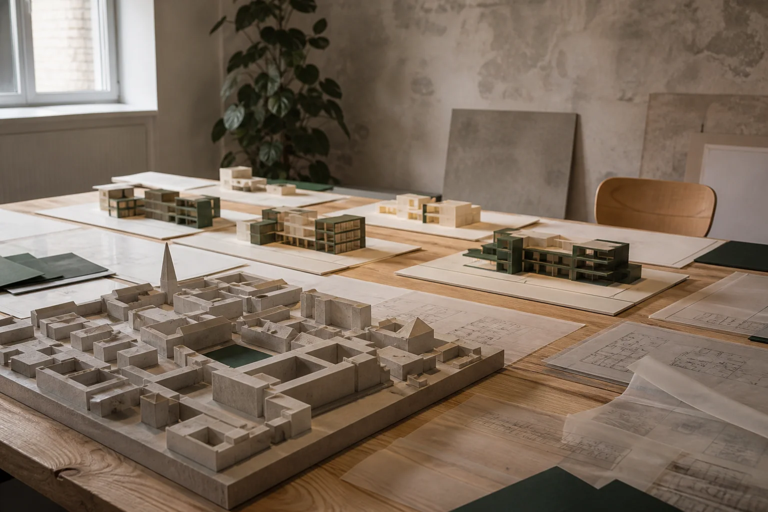 Generisk københavnsk bymodel og transparente planlag reduceret til en mindre gruppe bygningsstudier.