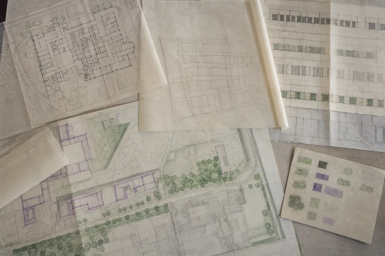 Tegningsreview med eksisterende kontorplan, boligskitse, planlag og myndighedskontrol.
