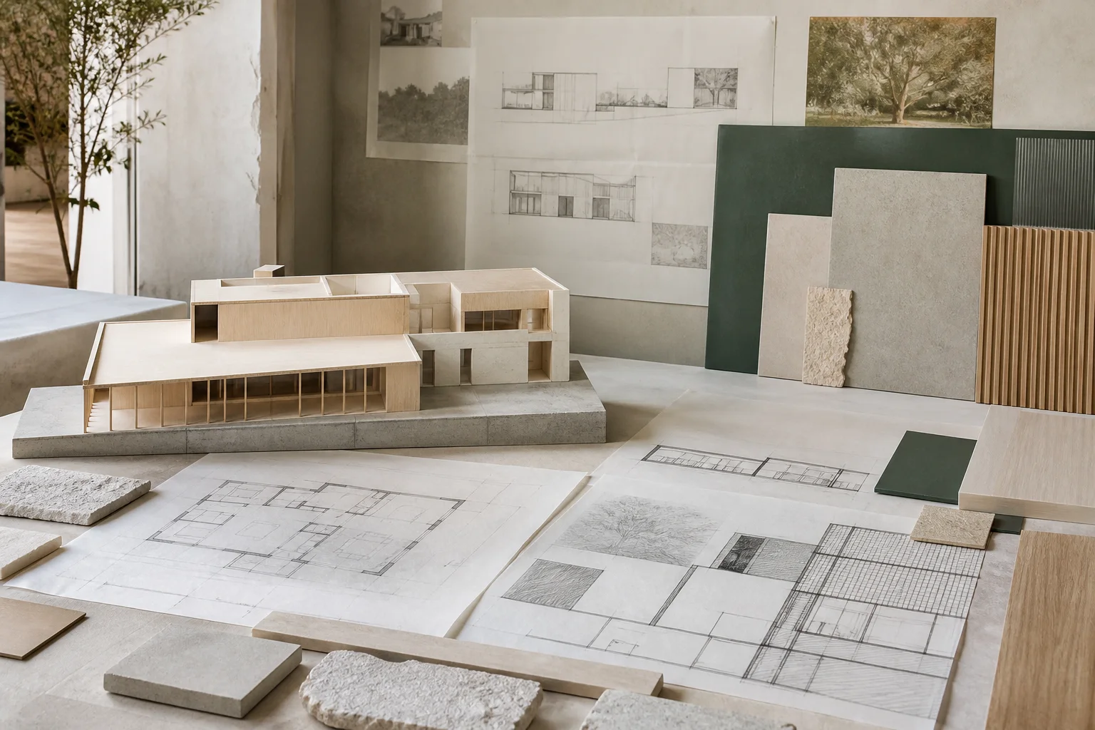Tegningsreview med fiktiv kontormodel, plan, snit, facade og enkelt programstudie.