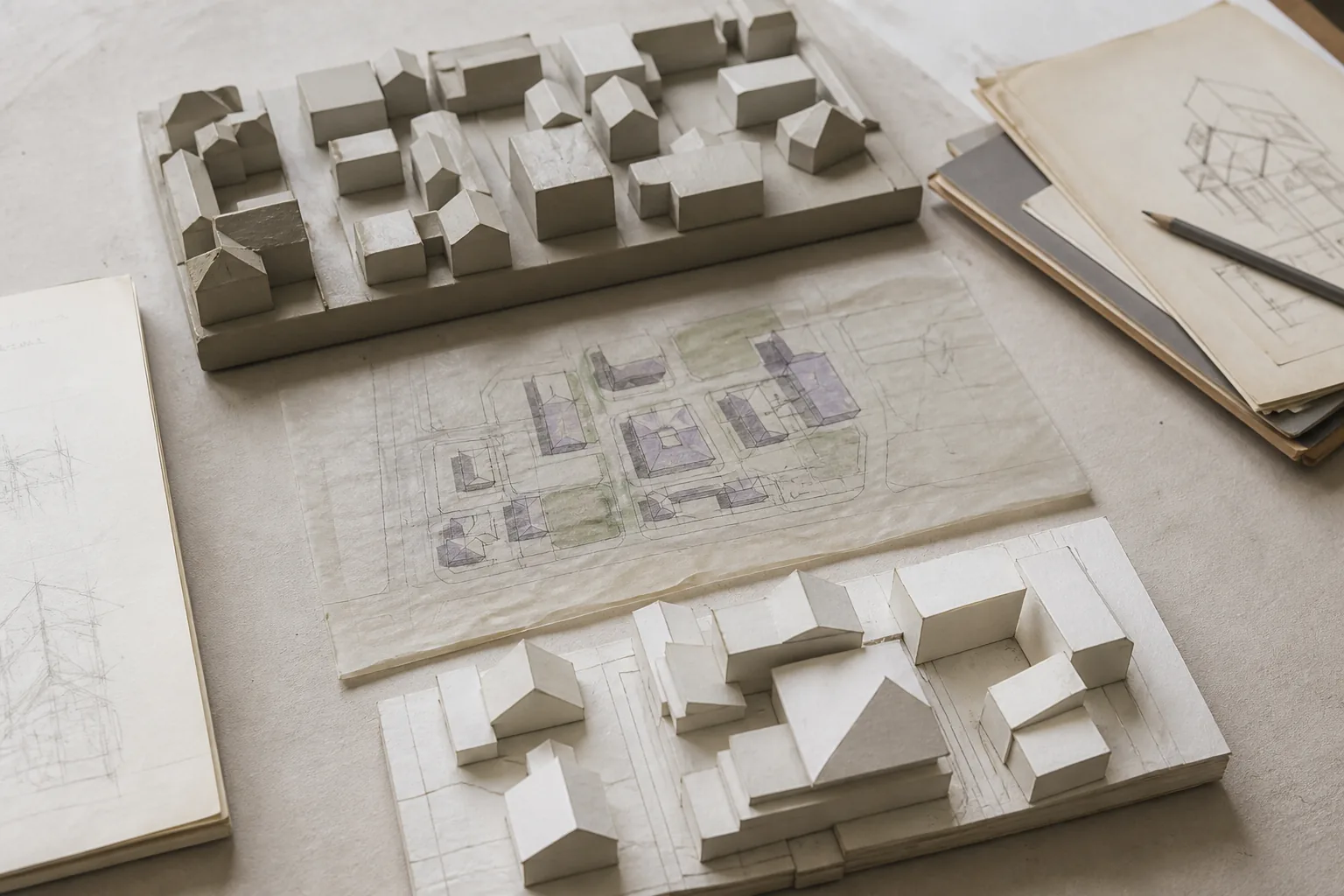 Tre separate planark og bymodeller som viser forskellige tidlige projektstadier.