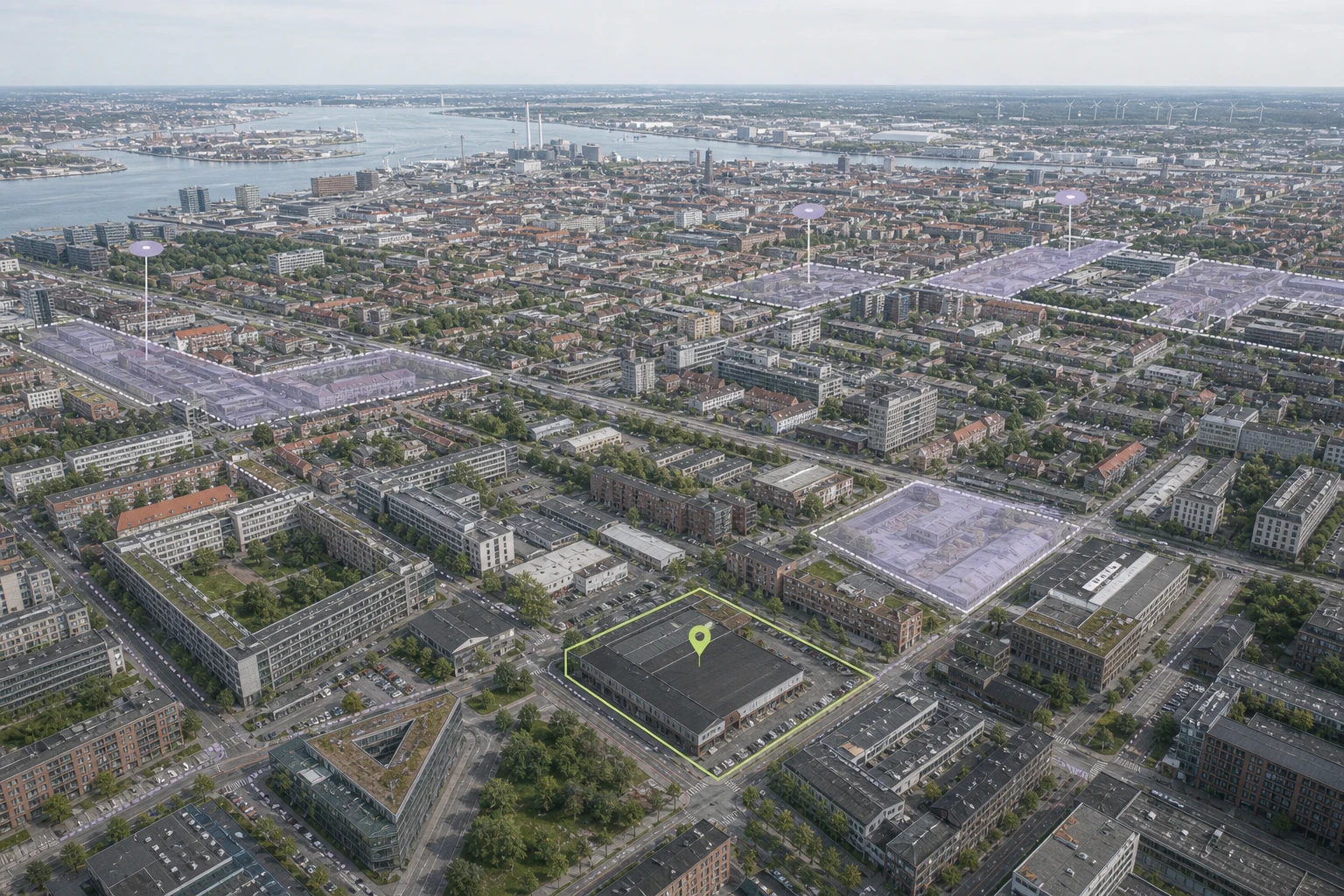 Københavnsk byatlas med flere planhændelser og én berørt erhvervsejendom fremhævet.
