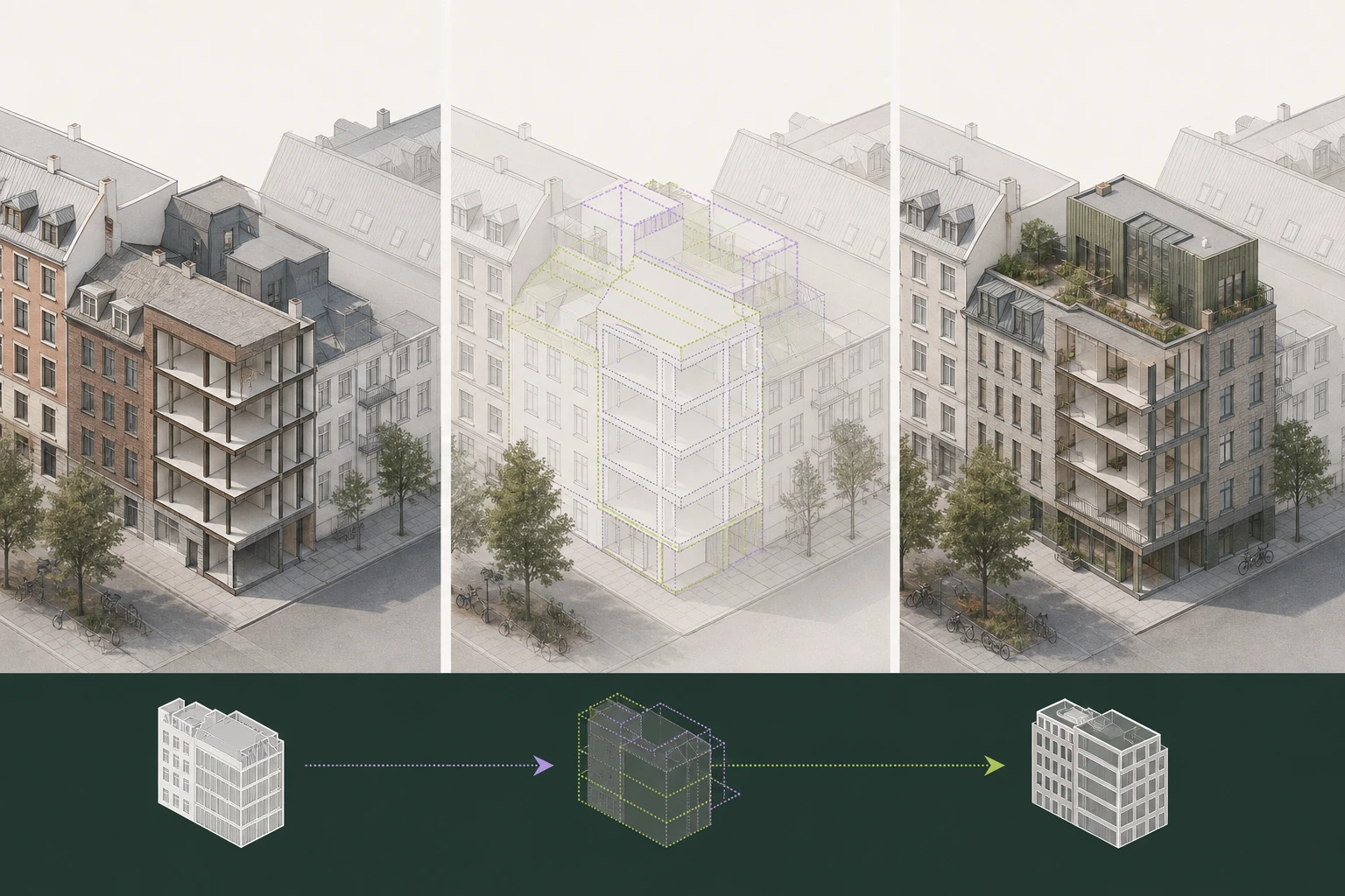 Tre adskilte stadier for eksisterende bygning, planforslag og senere byggeaktivitet i samme byblok.