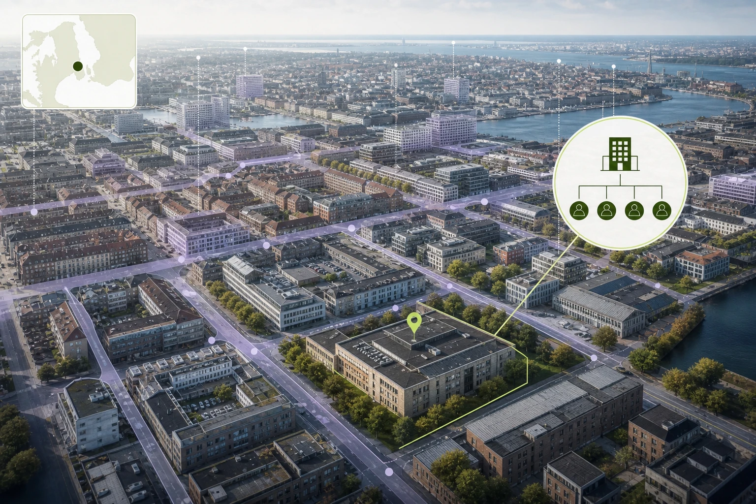Erhvervsejendom og registreret virksomhedsrelation fremhævet i et københavnsk ejendomsunivers.