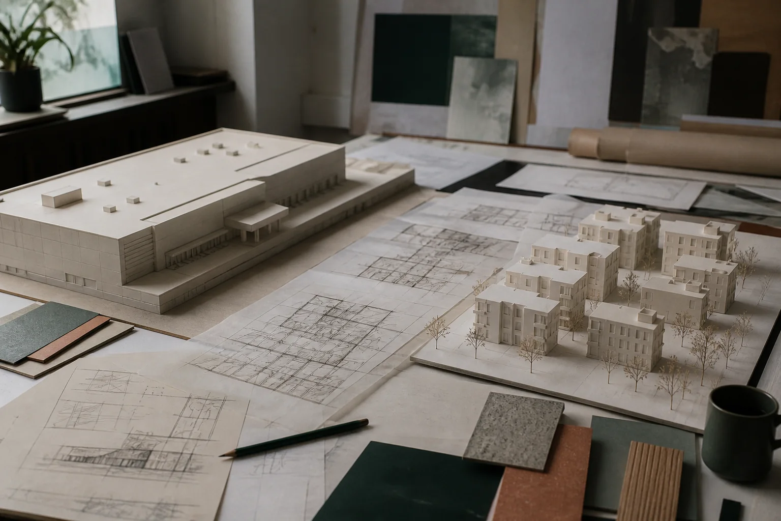 Erhvervsmodel og boligskala sammenholdt med transparente plan- og bygningssnit.