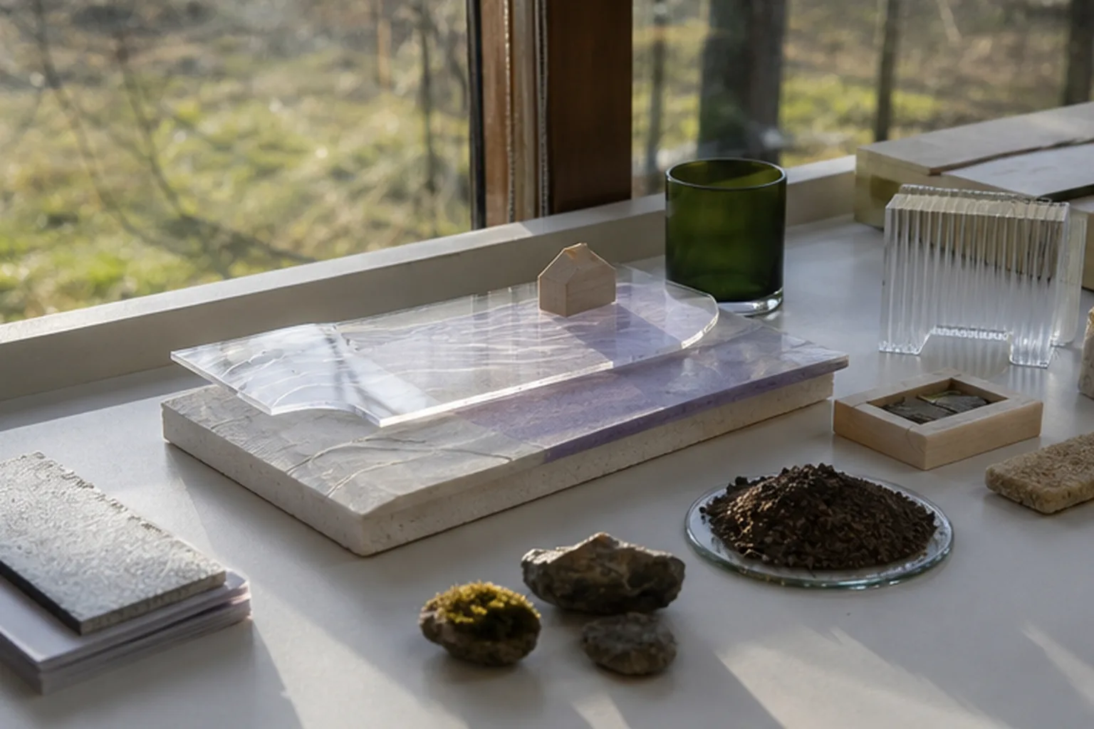 Fiktivt pre-application-studie med parcel, projektmodel, miljøoverlap og adskilte bevismaterialer.