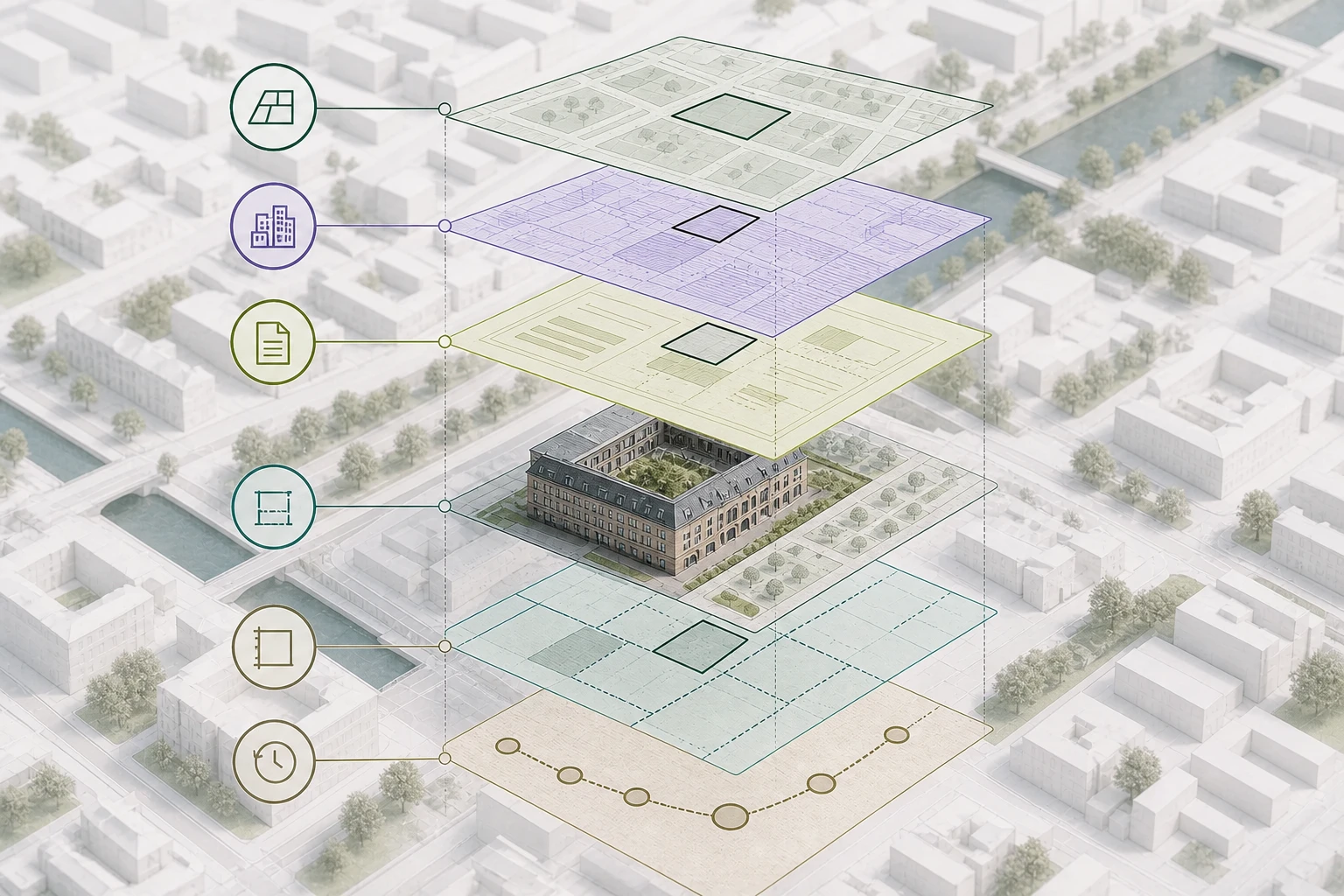 Eksploderet GIS-model med planfeature, status, dokument, delområder, ejendomsoverlap og historik.