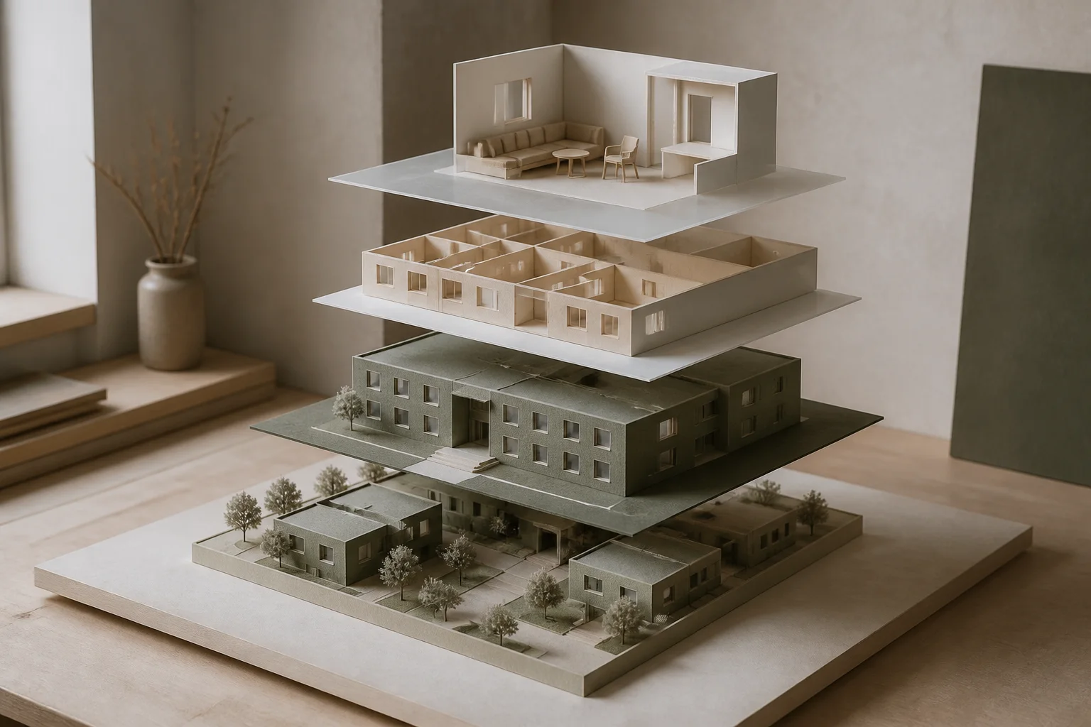 Fysisk model der adskiller lokale, etage, bygning og samlet ejendom.