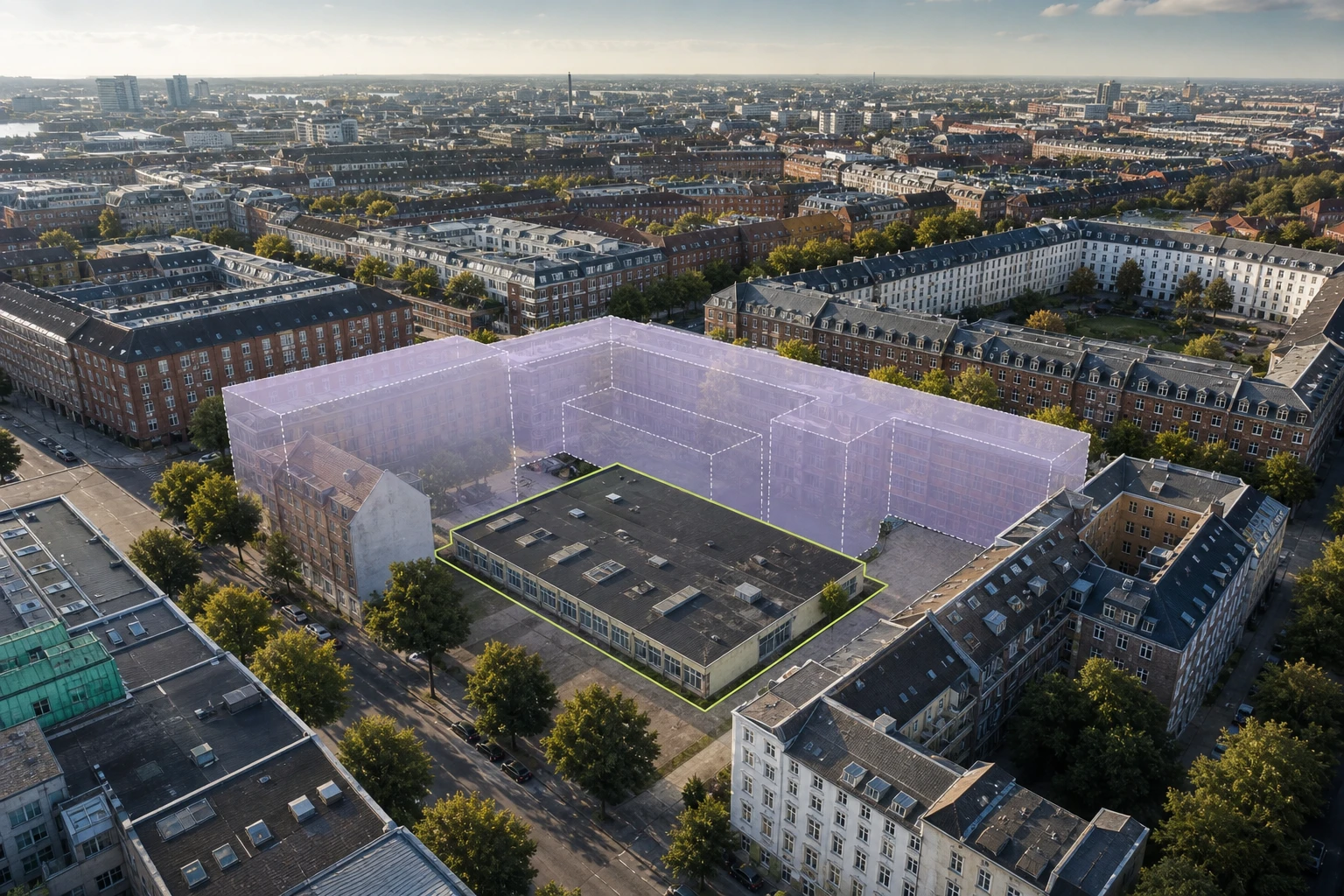 Lav københavnsk erhvervsbygning mellem højere naboer fremhævet som indikativ kapacitetssag.