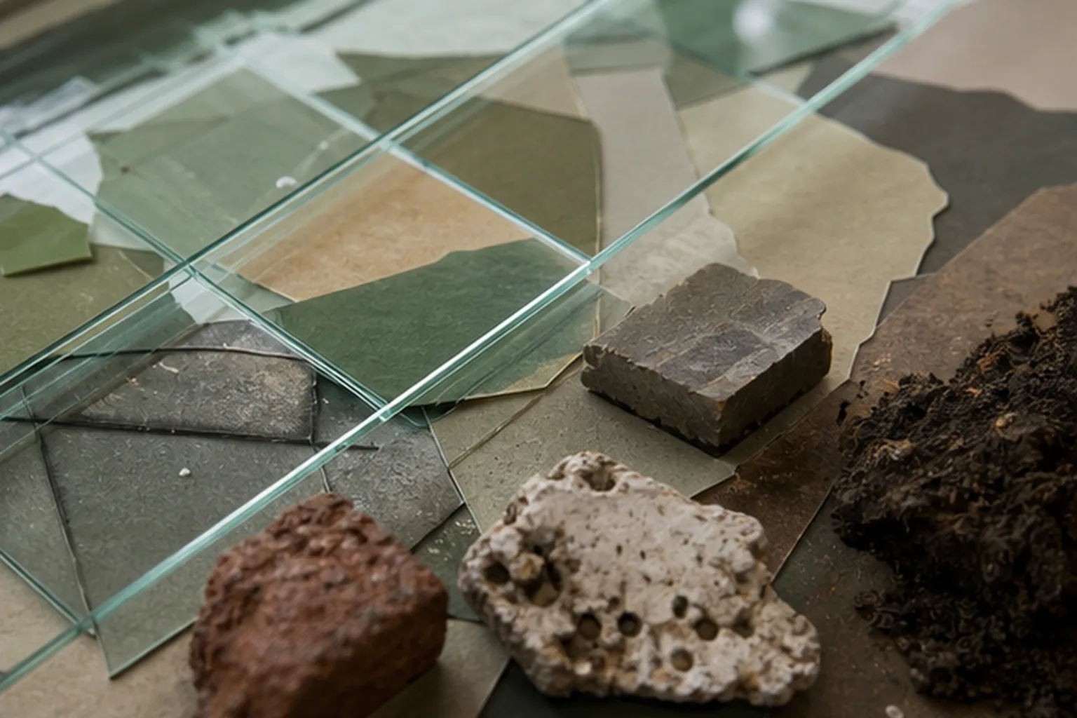 Abstrakt miljøatlas med transparente ejendomsflader og materialelag til jord- og projektanalyse.