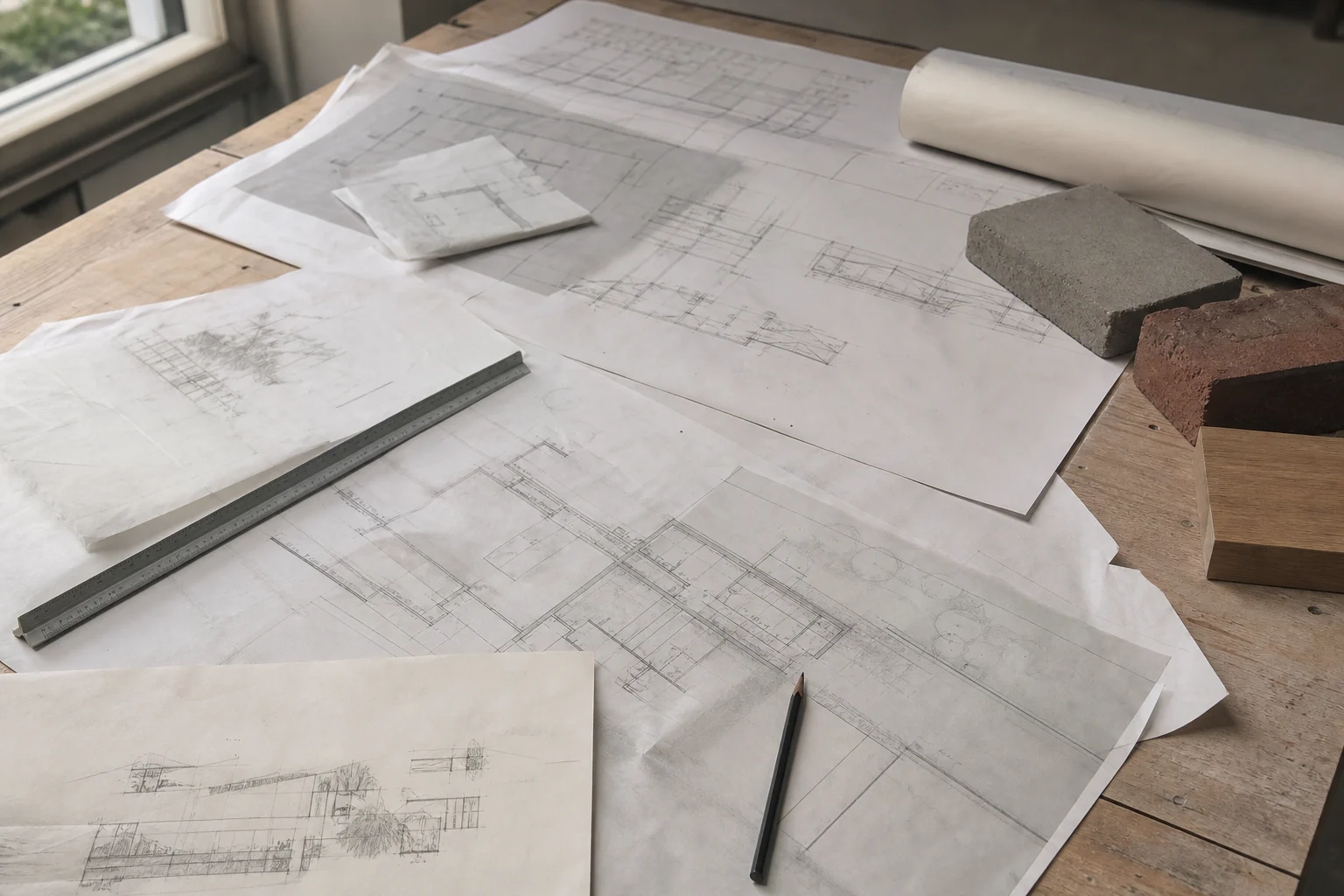 Arkitektbord med generiske plantegninger, skitsepapir, målestok og byggematerialer.