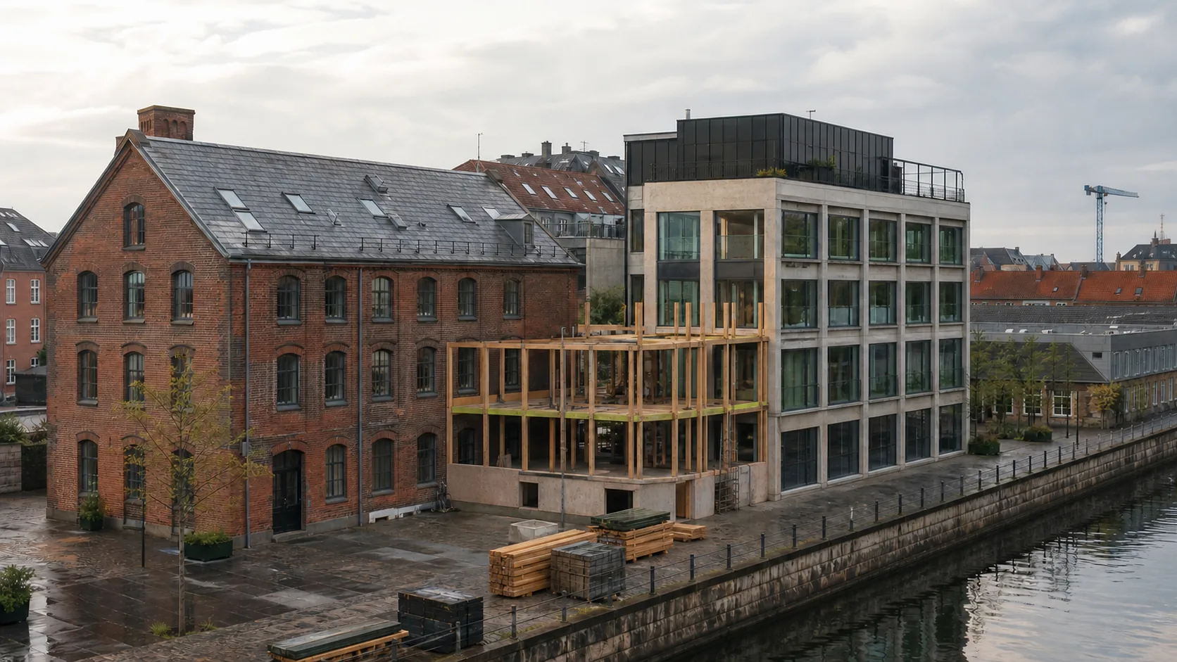 Københavnsk erhvervsejendom ved en kanal med en ældre rød murstensbygning, et nyere kontorhus og en mindre konstruktion under opførelse mellem dem.