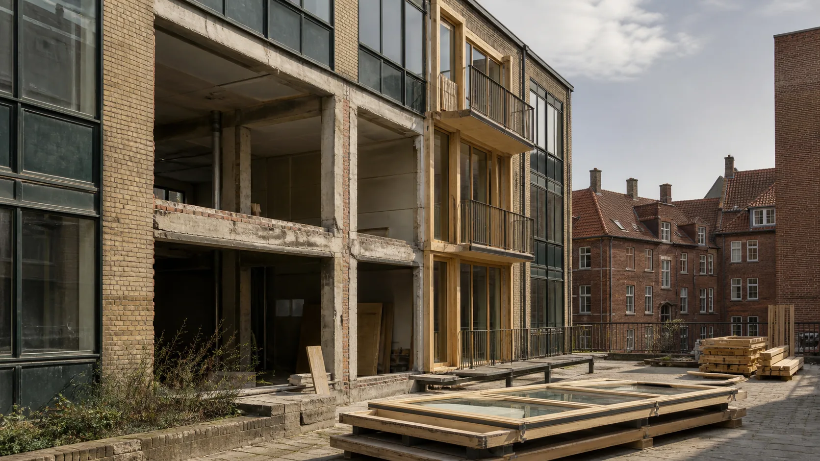 Ældre københavnsk kontorbygning under ombygning med synlig betonkonstruktion og nye vindues- og altaneelementer i træ.