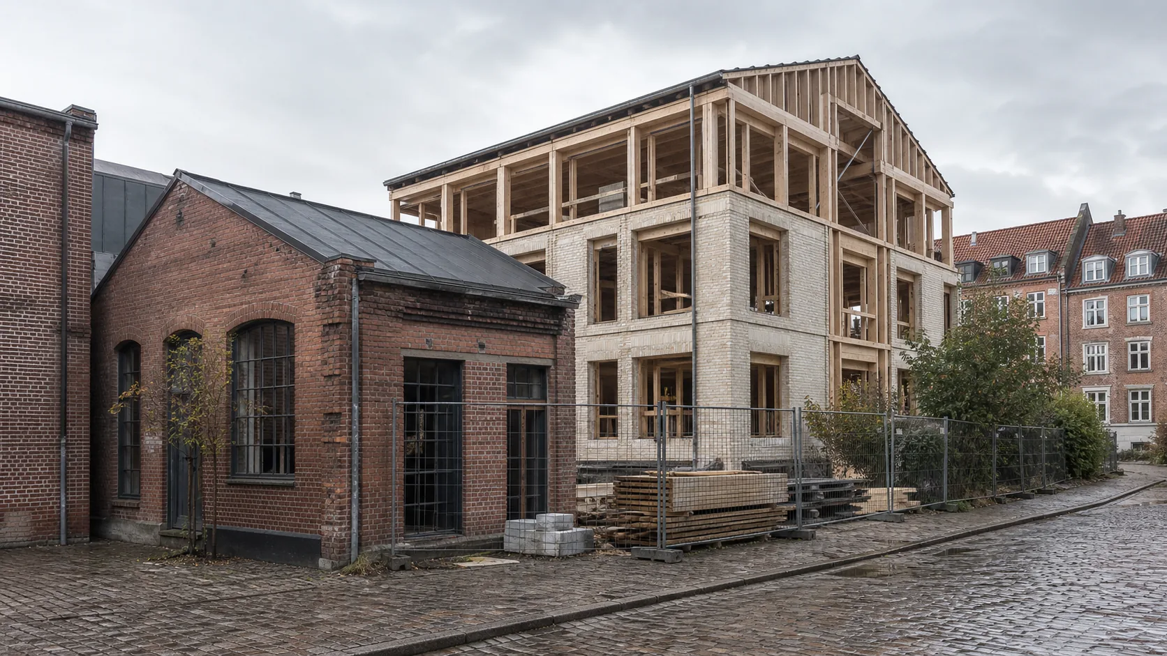 Københavnsk byggeplads med bevaret industribygning i rød mursten og en ny kompakt træ- og murstenskonstruktion under opførelse ved siden af.