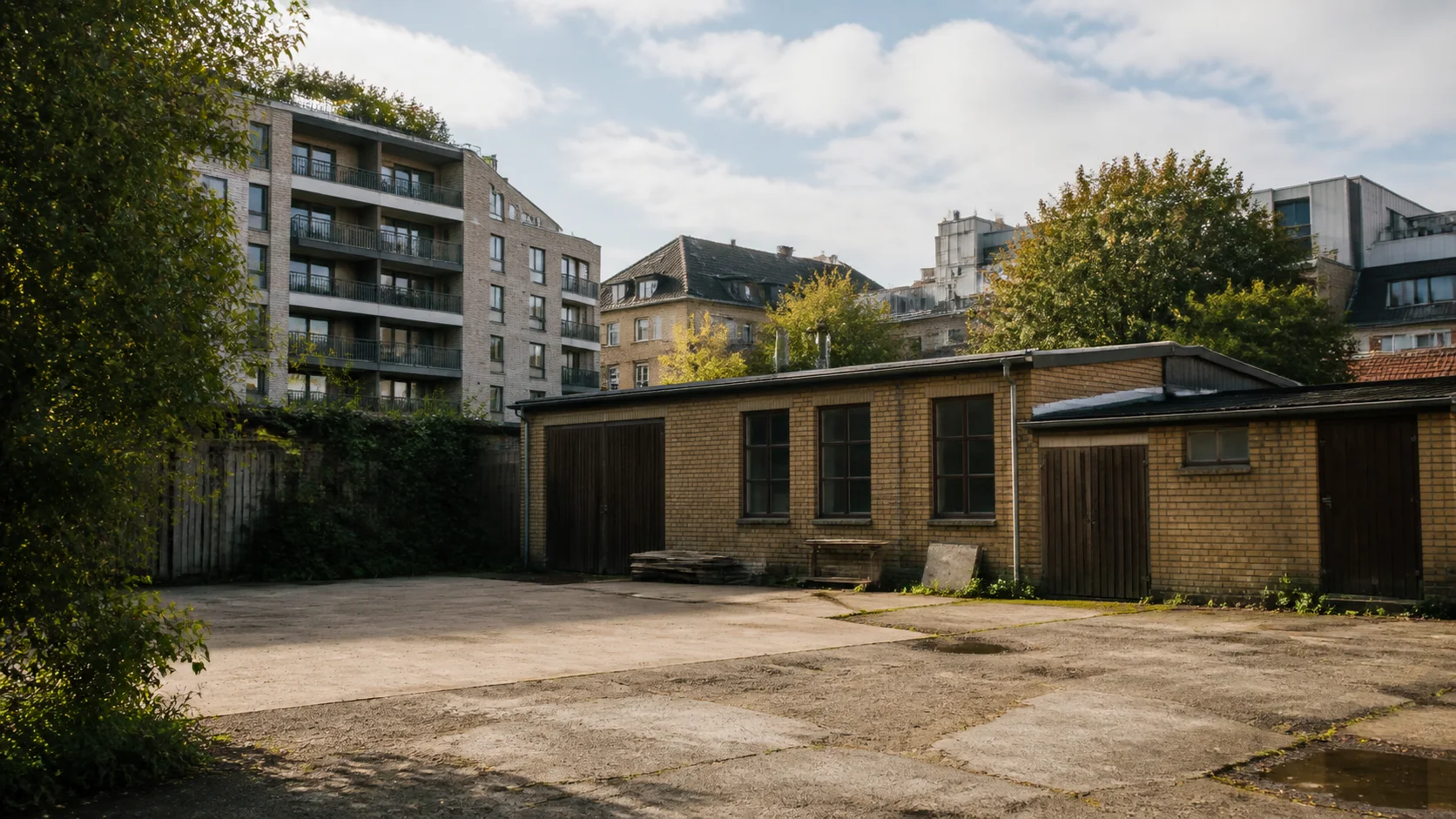 Lav ældre københavnsk erhvervsbygning med et stort slidt gårdareal foran tættere boligbyggeri.